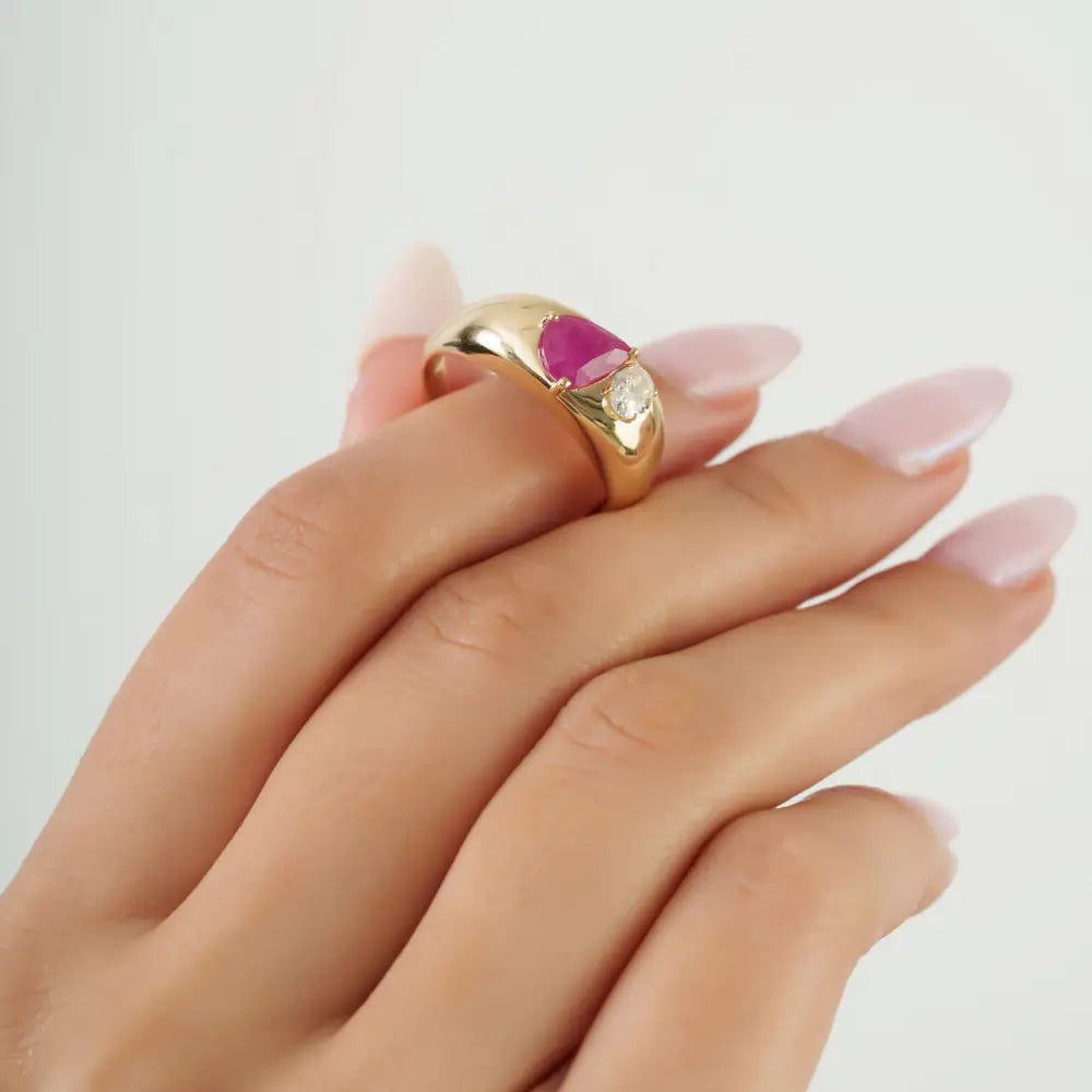 Real K14 Yellow Gold Genuine Ruby & Diamond Toi et Moi Chunky Dome Ring For Wedding