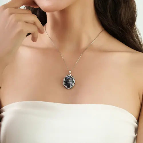 Designer 925 Sterling Silver Blue Sapphire & Diamond Oval Shape Pendant Fine Jewelry