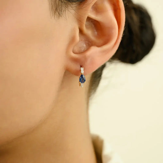 4X6 mm Pear Shape Blue Sapphire & Diamond K14 Yellow Gold Minimal Hoop Earrings