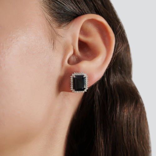 New Arrivals 925 Sterling Silver Natural Blue Sapphire & Halo Diamonds Studs Earrings