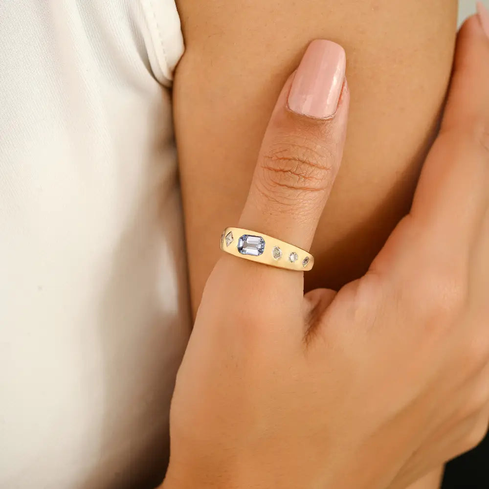 Genuine Blue Sapphire & Diamond New Trendy Chunky Gypsy Ring 18K Gold Unisex Jewelry