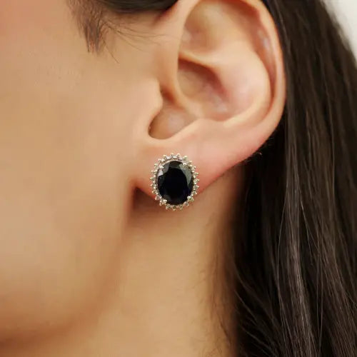 Stunning 925 Sterling Silver Natural Iolite Gemstone Halo Diamond Fine Studs Earrings For Women's