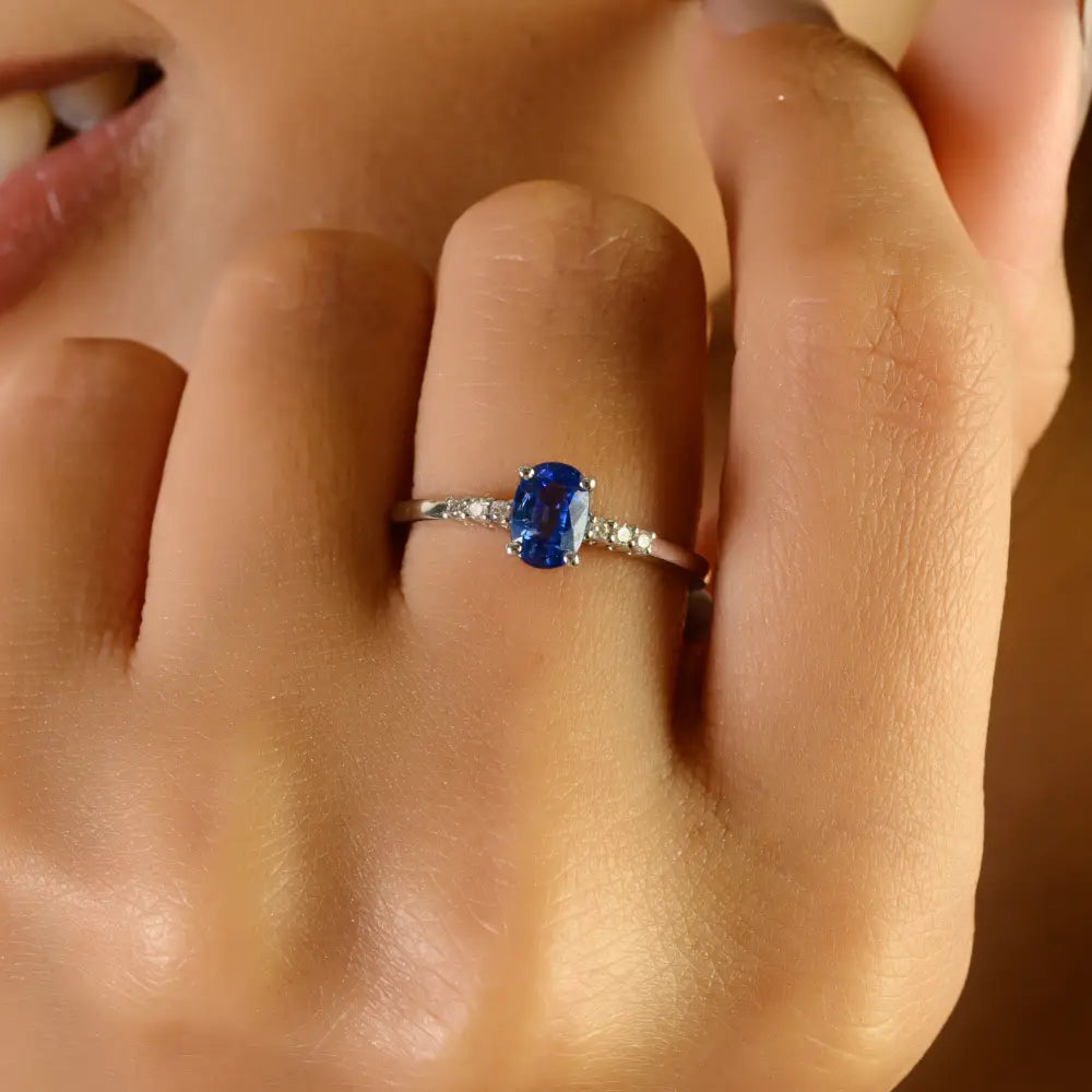 Simple Elegant Blue Sapphire & Diamond 14K White Gold Stackable Gemstone Ring For Women
