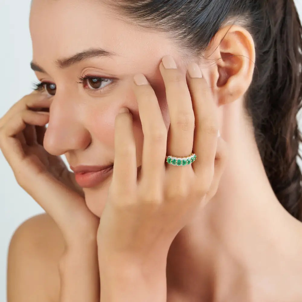 Best Wholesale Price Real Emerald & Diamond 14K Real Yellow Gold Half Eternity Band Ring Wedding Jewelry