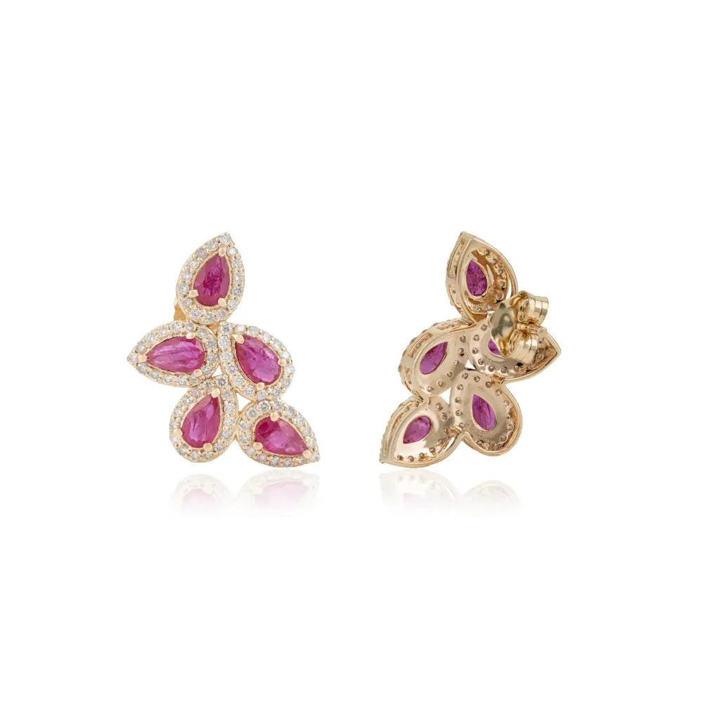 New Stylish 14K Real Yellow Ruby & Diamond Wings Shape Halo Stud Earrings Fine Jewelry