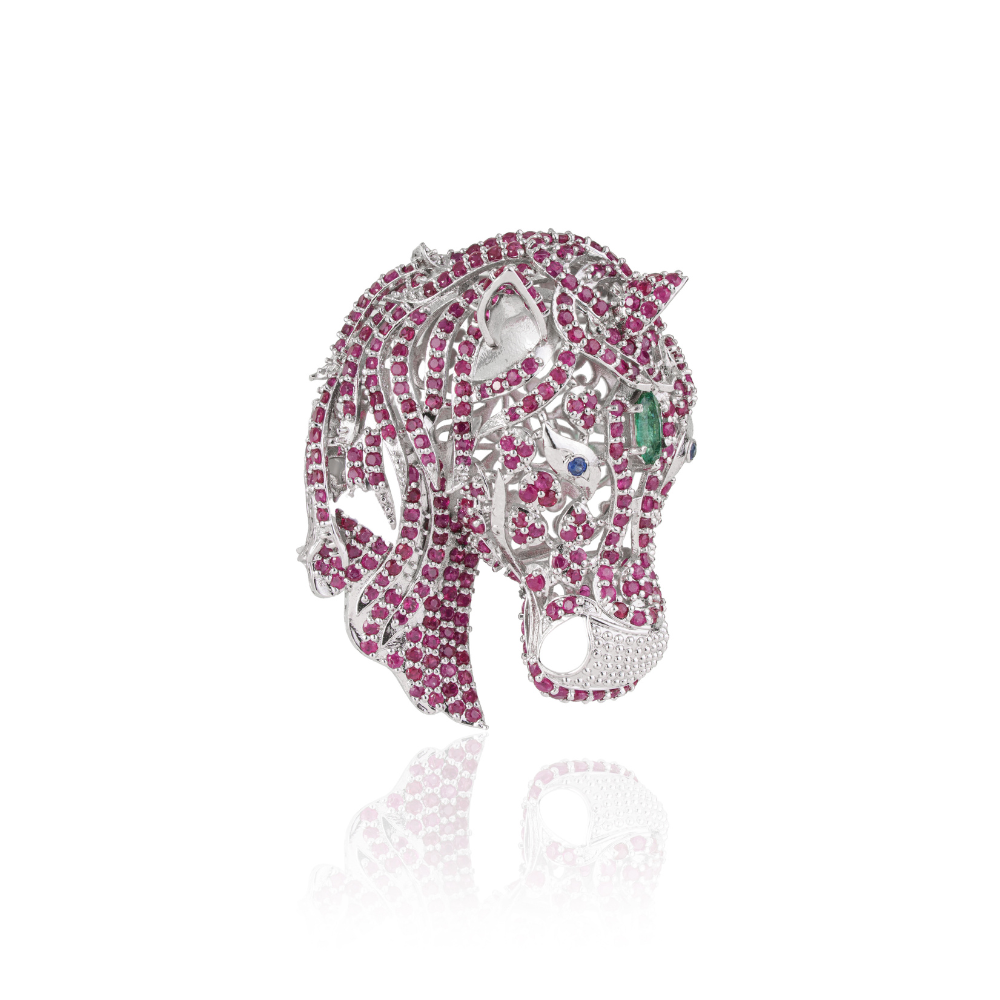 Unique Creative Design 925 Sterling Silver Natural Ruby Gemstone Horse Brooch Fine Jewelry