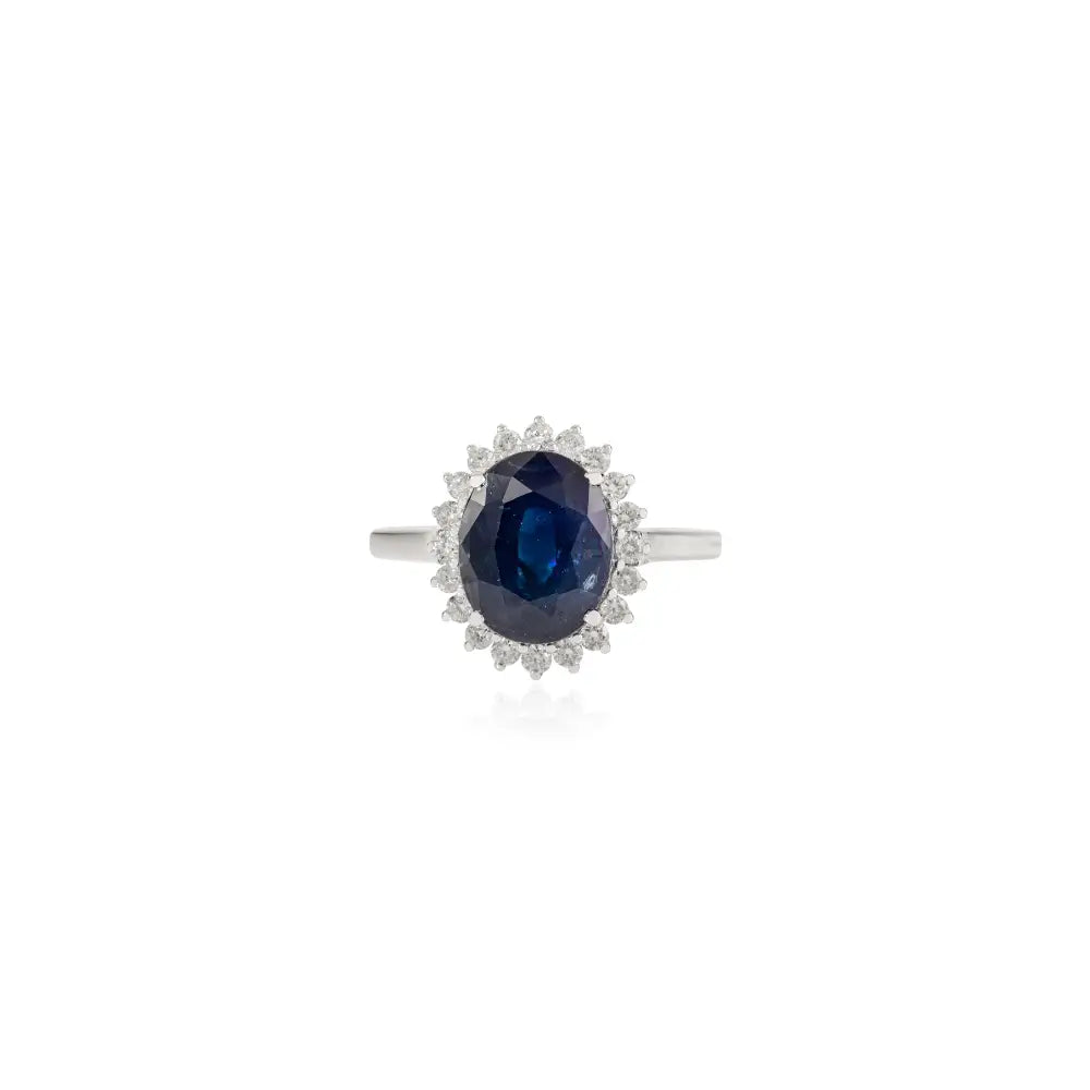 18K White Gold Prong Set Blue Sapphire & Diamond Princes Diana Ring Wedding Jewelry