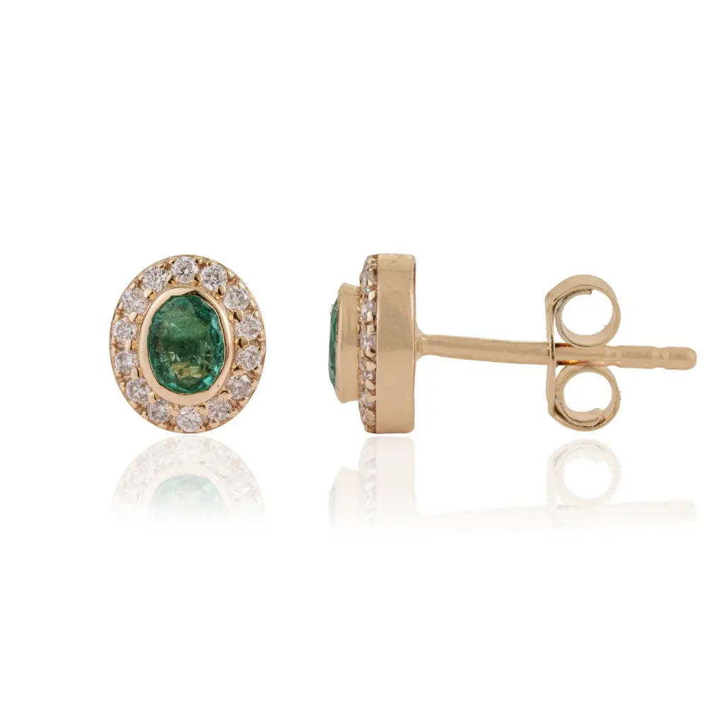 Bezel Set Emerald & Diamond Minimal Halo Stud Earrings For Girls Real 14K Yellow Gold