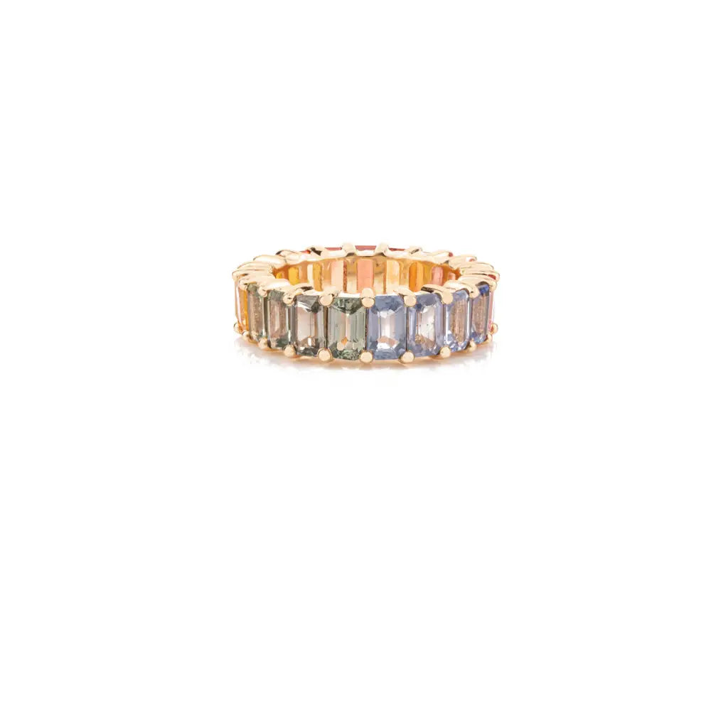 Octagon Shape Multi Gemstone 18K Solid Yellow Gold Full Eternity Band Ring