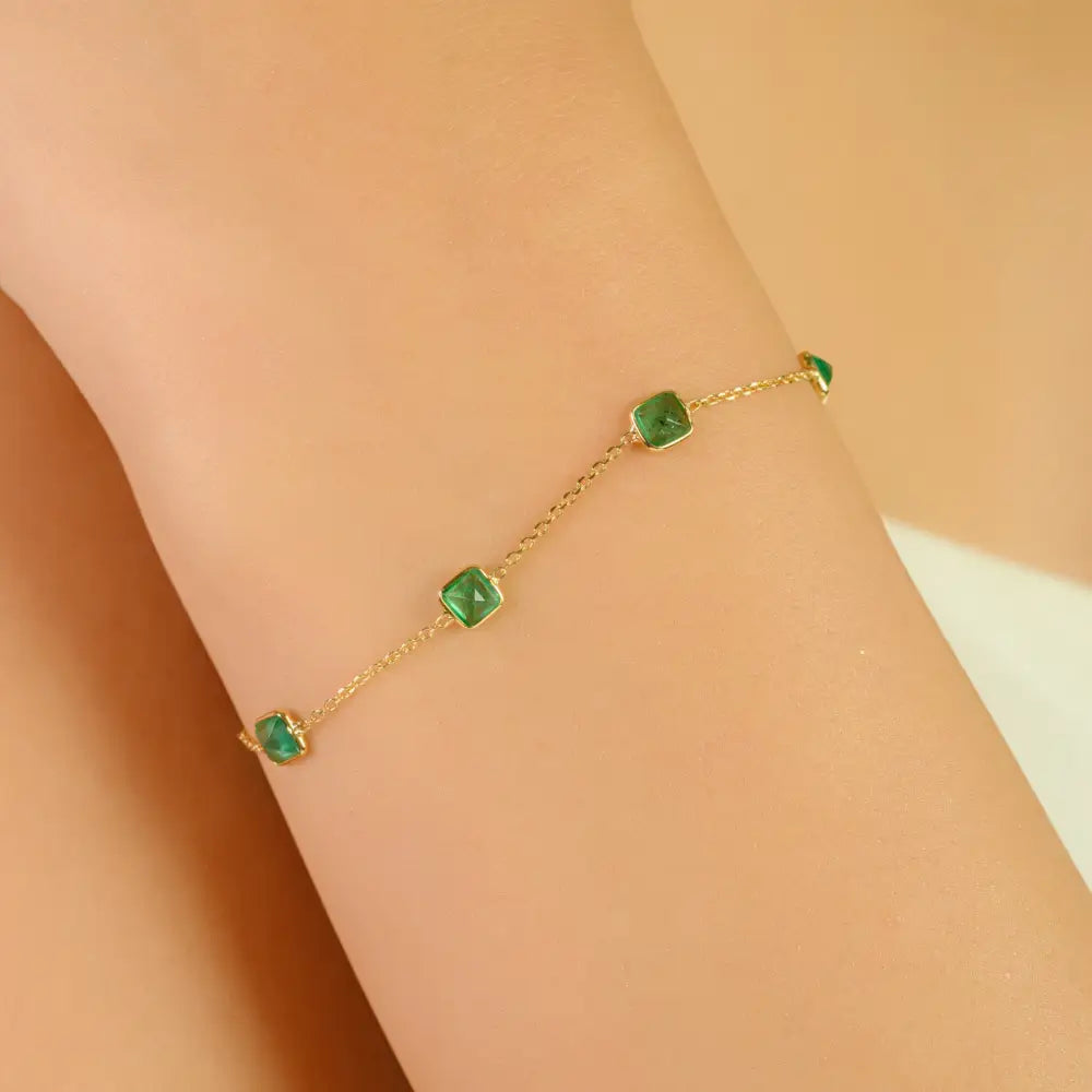 Stunning Dainty Square Cut Emerald Minimalist Chain Bracelet 18K Real Gold Everyday Jewelry