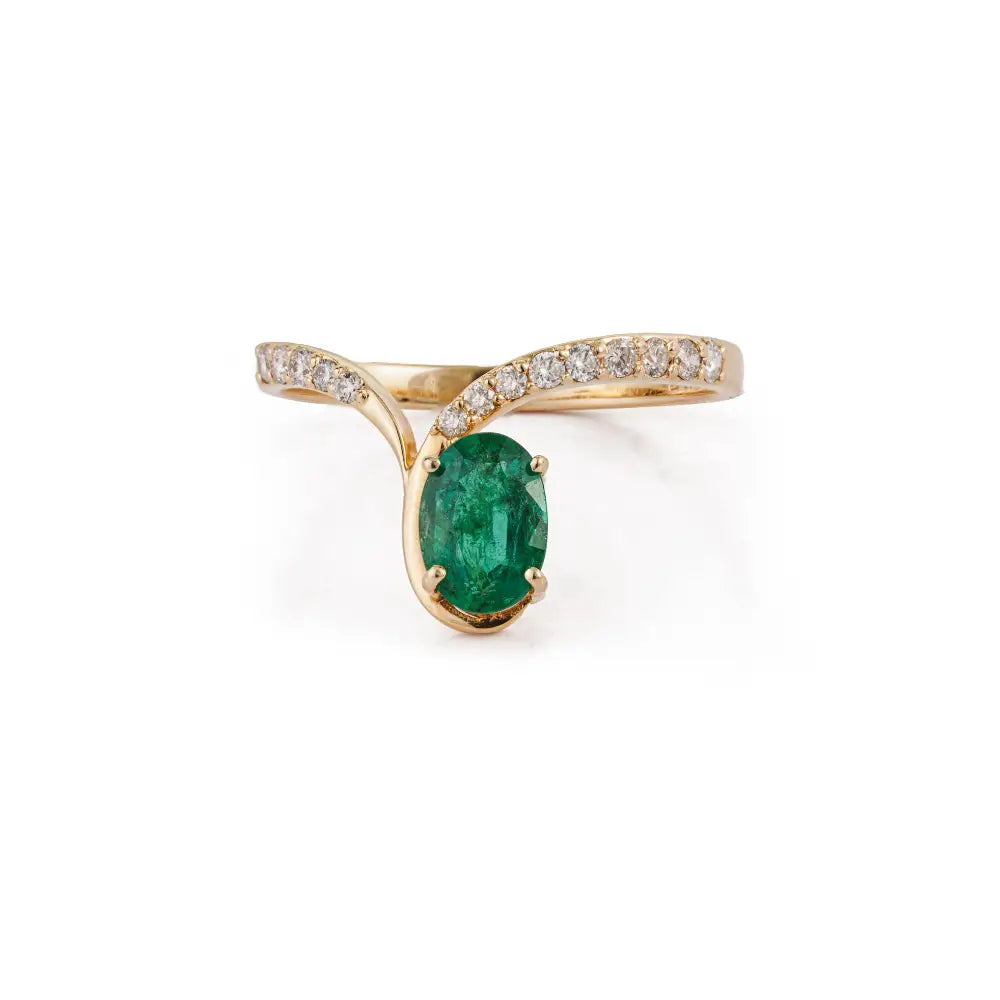 Unique Design Emerald & Diamond Handmade V Shape Chevron Ring Wedding 14K Gold Jewelry