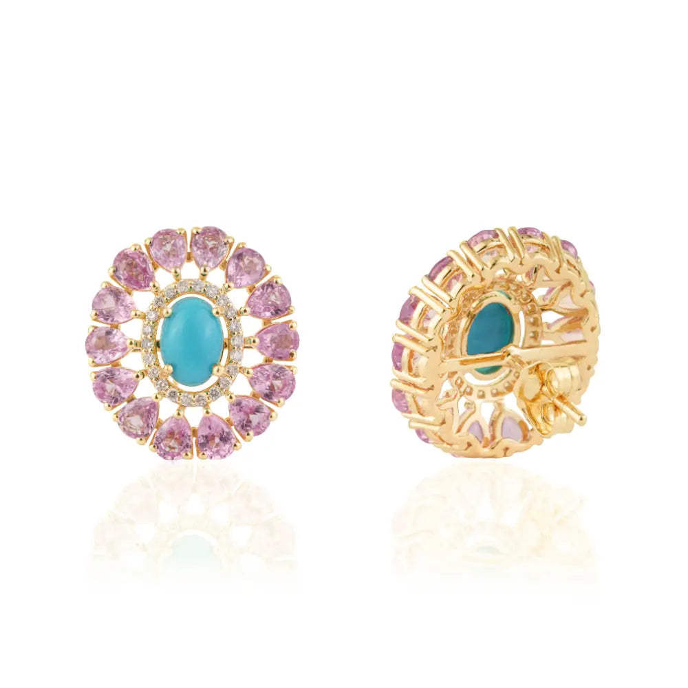 Women's Trendy 14K Yellow Gold Turquoise Pink Sapphire & Diamond Flower Stud Earrings