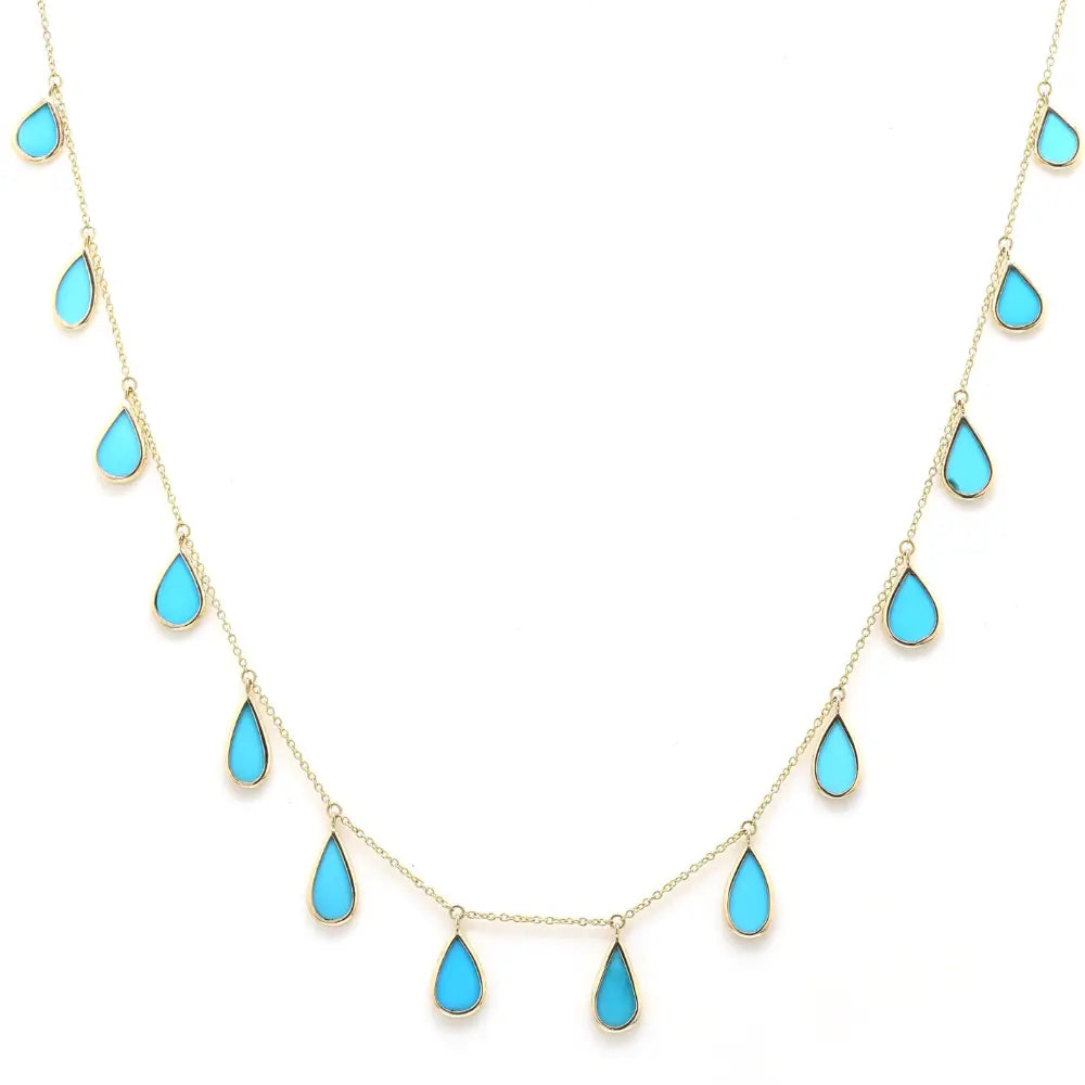 Handmade Jewelry Natural Turquoise 18K Fine Yellow Gold Teardrop Necklace