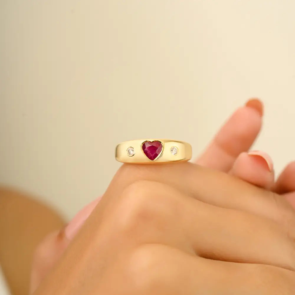 Heart Shape Ruby & Diamond Chunky Gypsy Ring Valentine's Day Gift 18K Yellow Gold