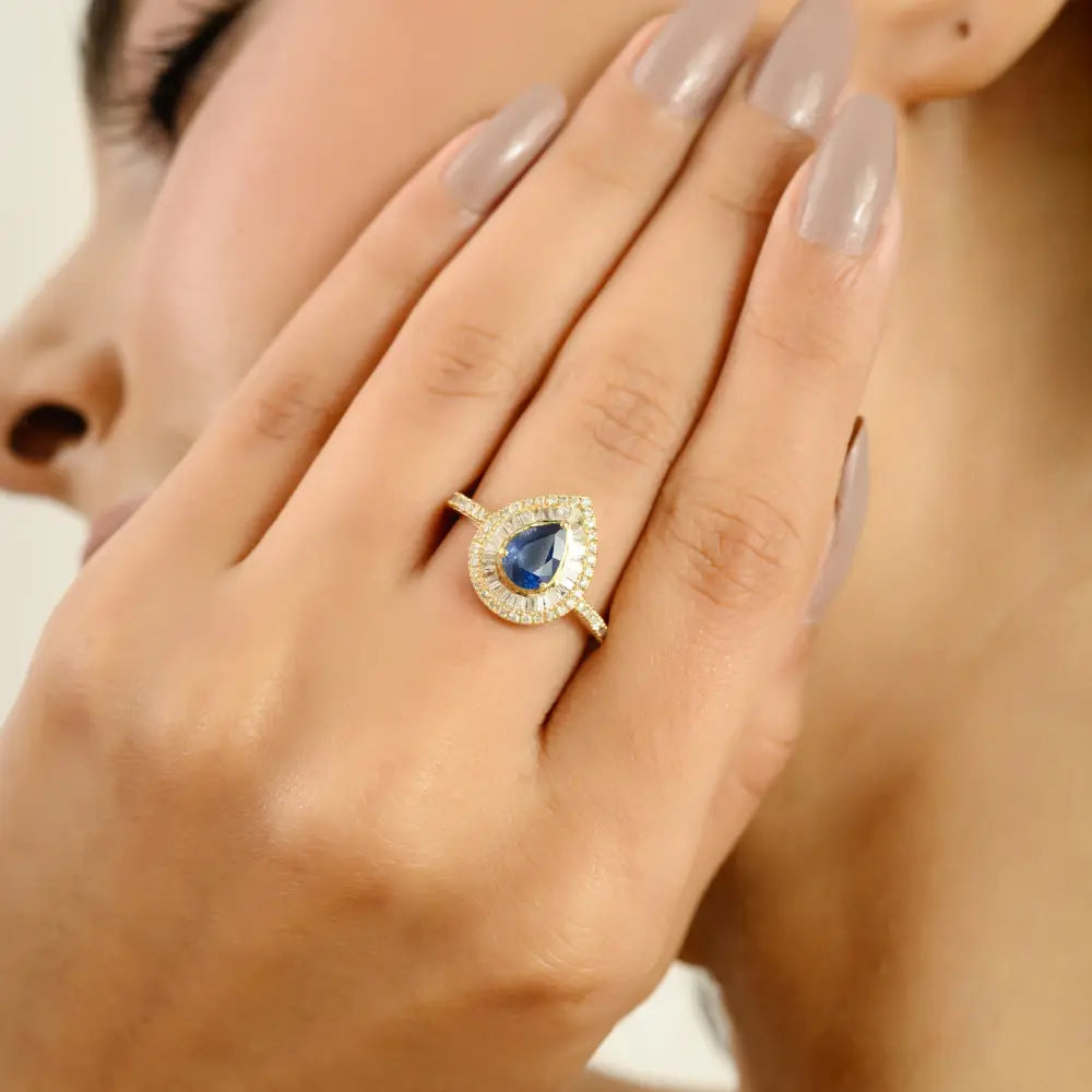 Pear Cut Blue Sapphire & Diamond Pure 14K Yellow Gold Double Halo Engagement Ring Women