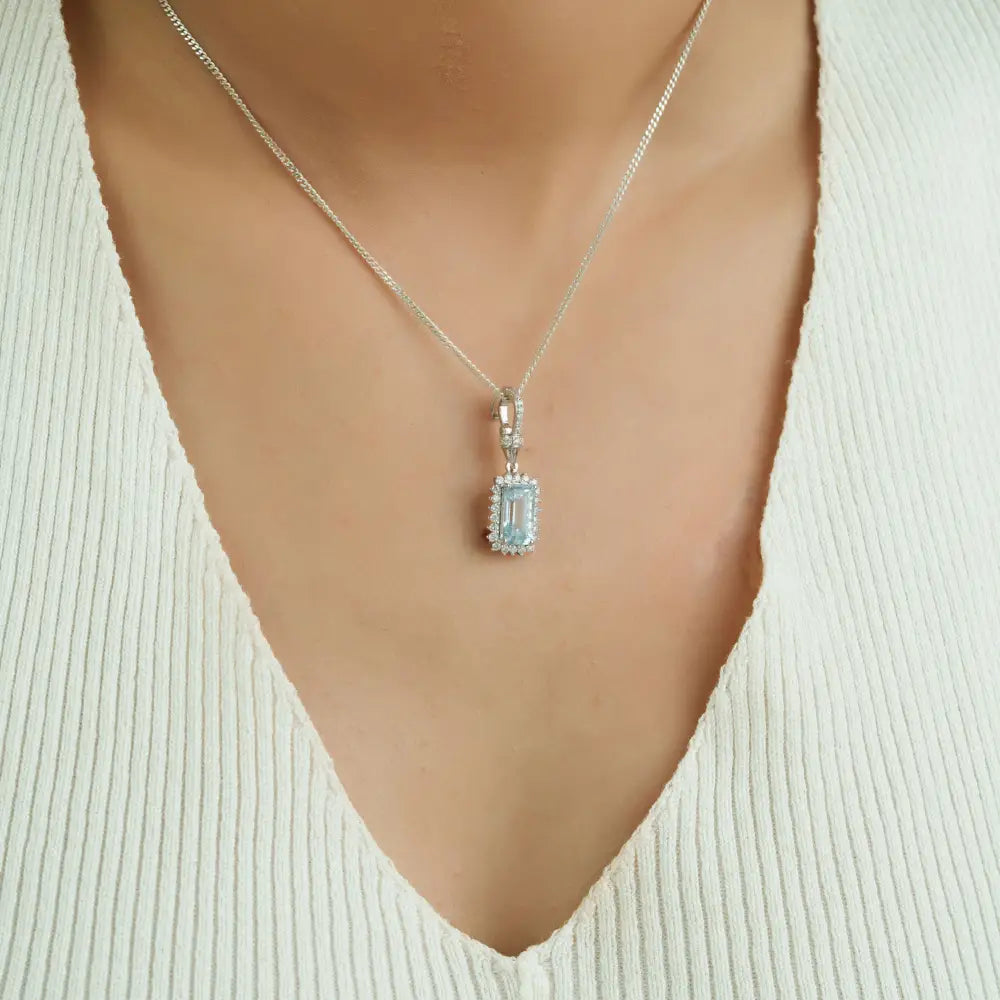 Fine Aquamarine & Diamond K14 White Gold Openable Lock Cluster Pendant March Birthstone