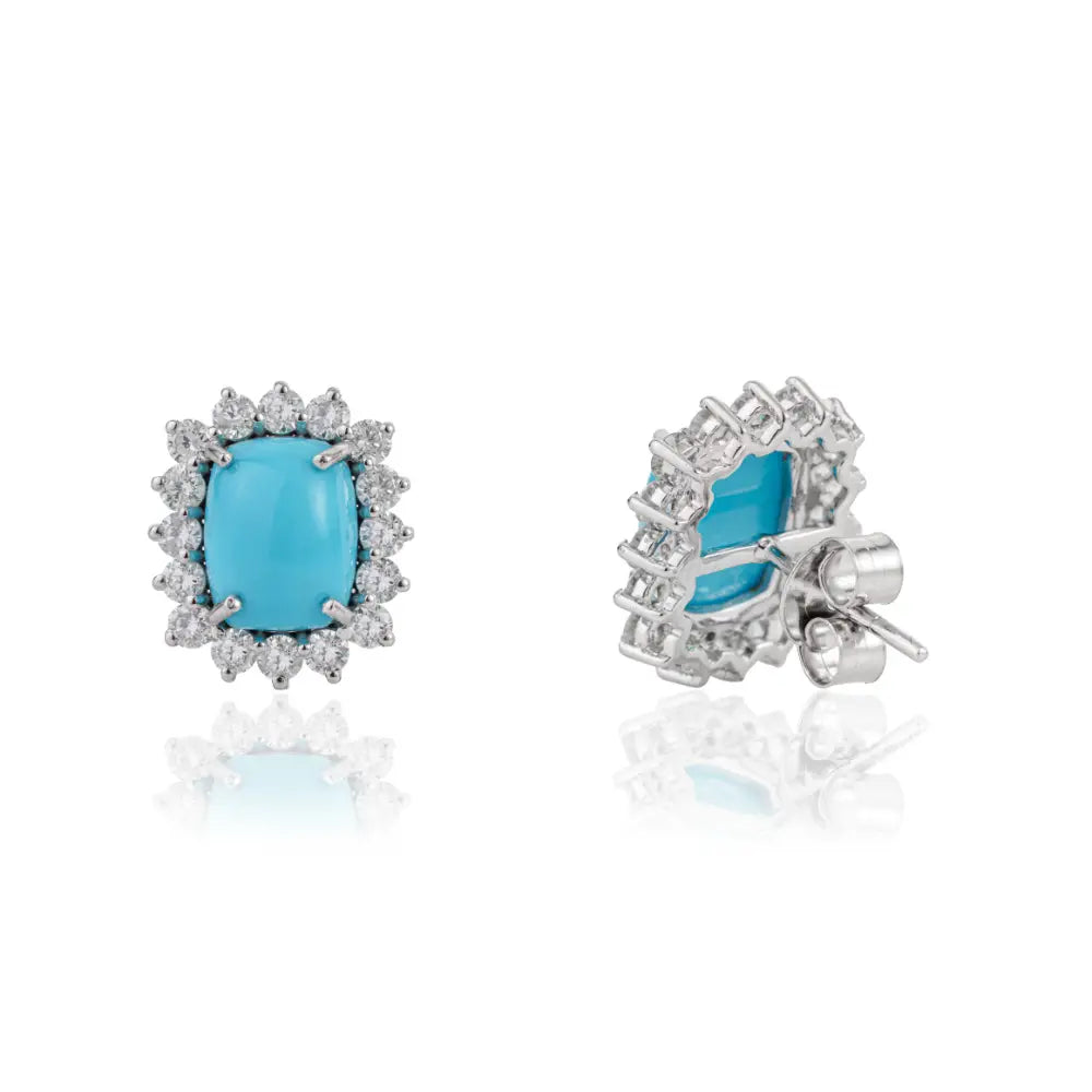 14K White Gold 9x7mm Octagon Cut Turquoise & Diamond Cluster Stud Earrings Bulk Jewelry