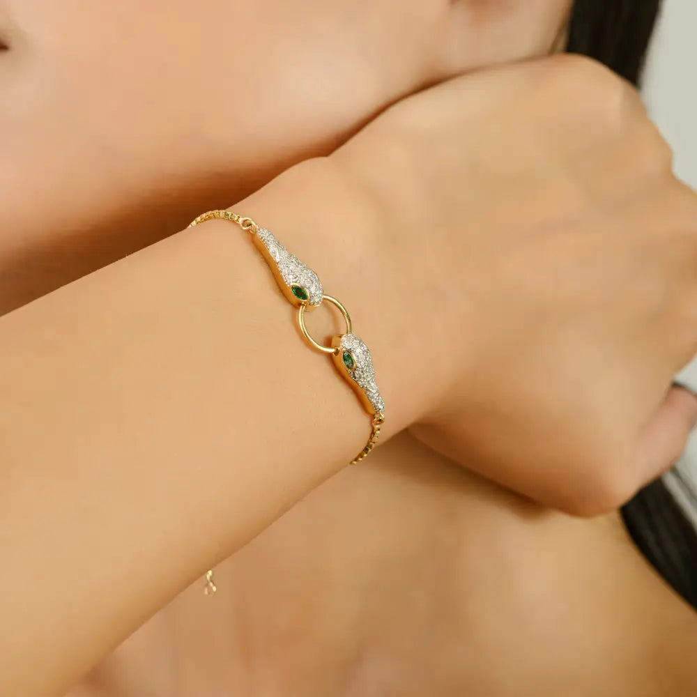 Real K18 Yellow Gold Emerald & Diamond Double-Headed Snake Bracelet Wedding Jewelry