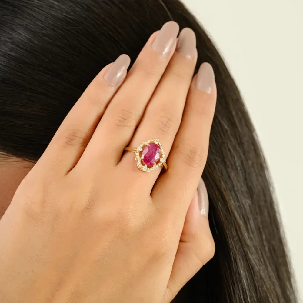 Unique Design 14K Real Yellow Gold Ruby & Diamond Engagement Ring Trending Fine Jewelry