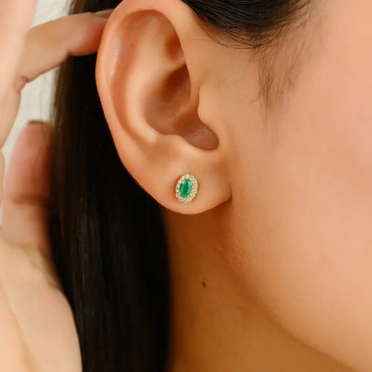 Stunning Minimal Emerald & Diamond Halo Small Stud Earrings Real K18 Yellow Gold Jewelry