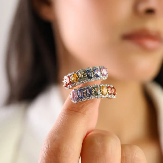 Rainbow Multi Sapphire & Diamond K14 Yellow Gold Statement Bypass Ring For Wedding