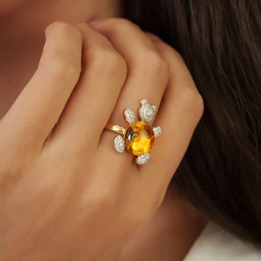 Unique Design Citrine & Diamond K18 Yellow Gold Teddy Bear Ring Statement Jewelry