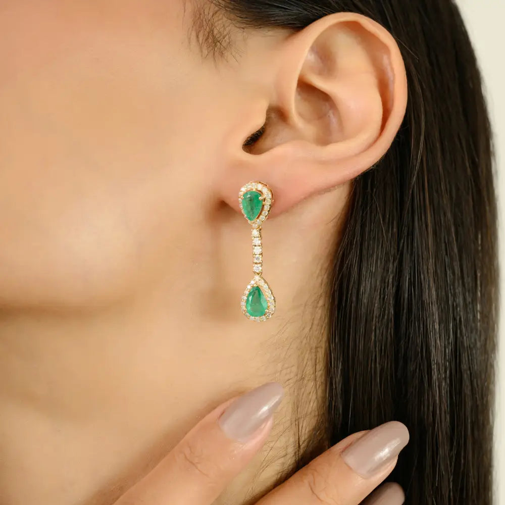 Halo Set Emerald & Diamond Pure 14K Yellow Gold Drop Earrings For Women Gemstone Jewelry