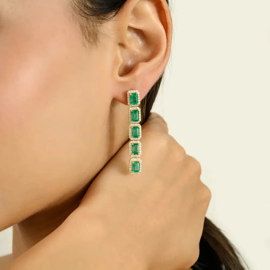 New Trendy Genuine Emerald & Diamond Long Dangle Earrings 14K Gold Luxury Jewelry