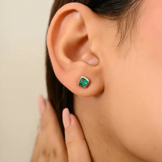 6X5 MM Octagon Gemstone Emerald Minimal Stud Earrings For Daily Wear Unisex 14K Gold