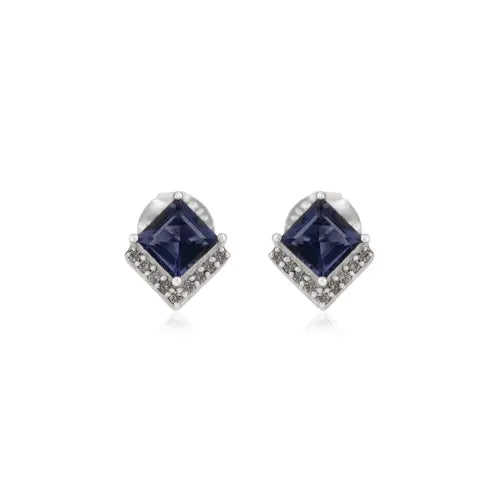 100% Genuine Princess Cut Iolite & Diamond Accents 925 Sterling Silver Fine Studs For Women's