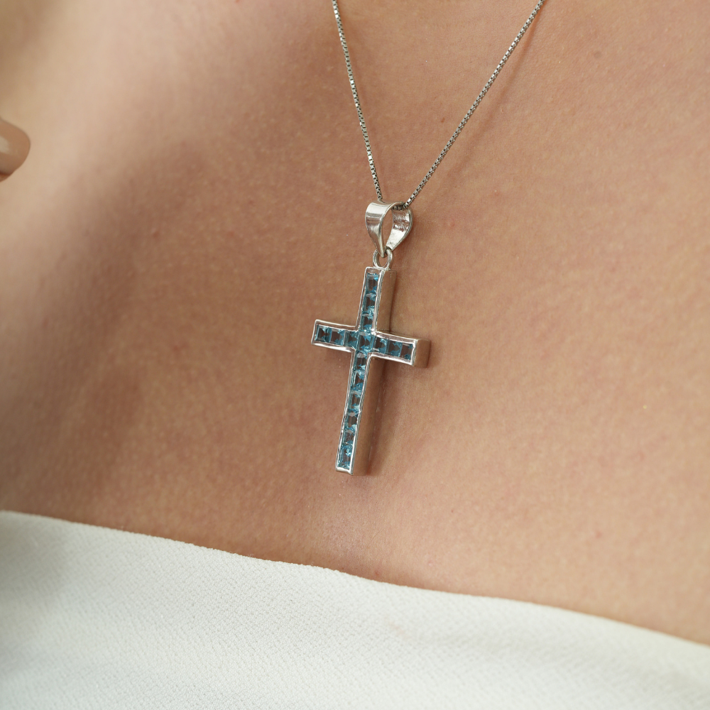 Princess Cut Natural Blue Topaz Gemstone 925 Sterling Silver Unisex Cross Pendant Fine Jewelry