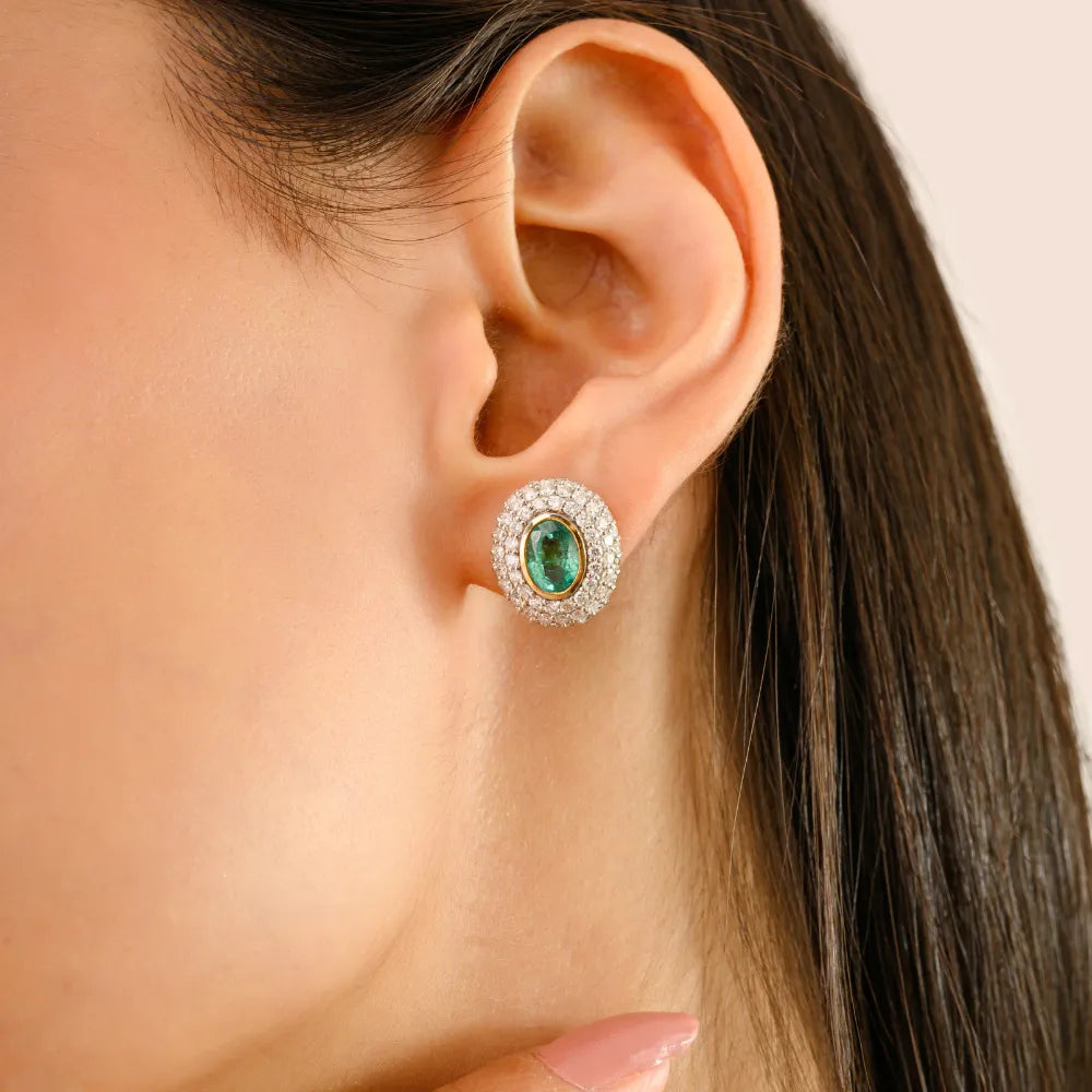 High Quality Emerald & Diamond Double Halo Stud Earrings 14K Gold Statement Jewelry