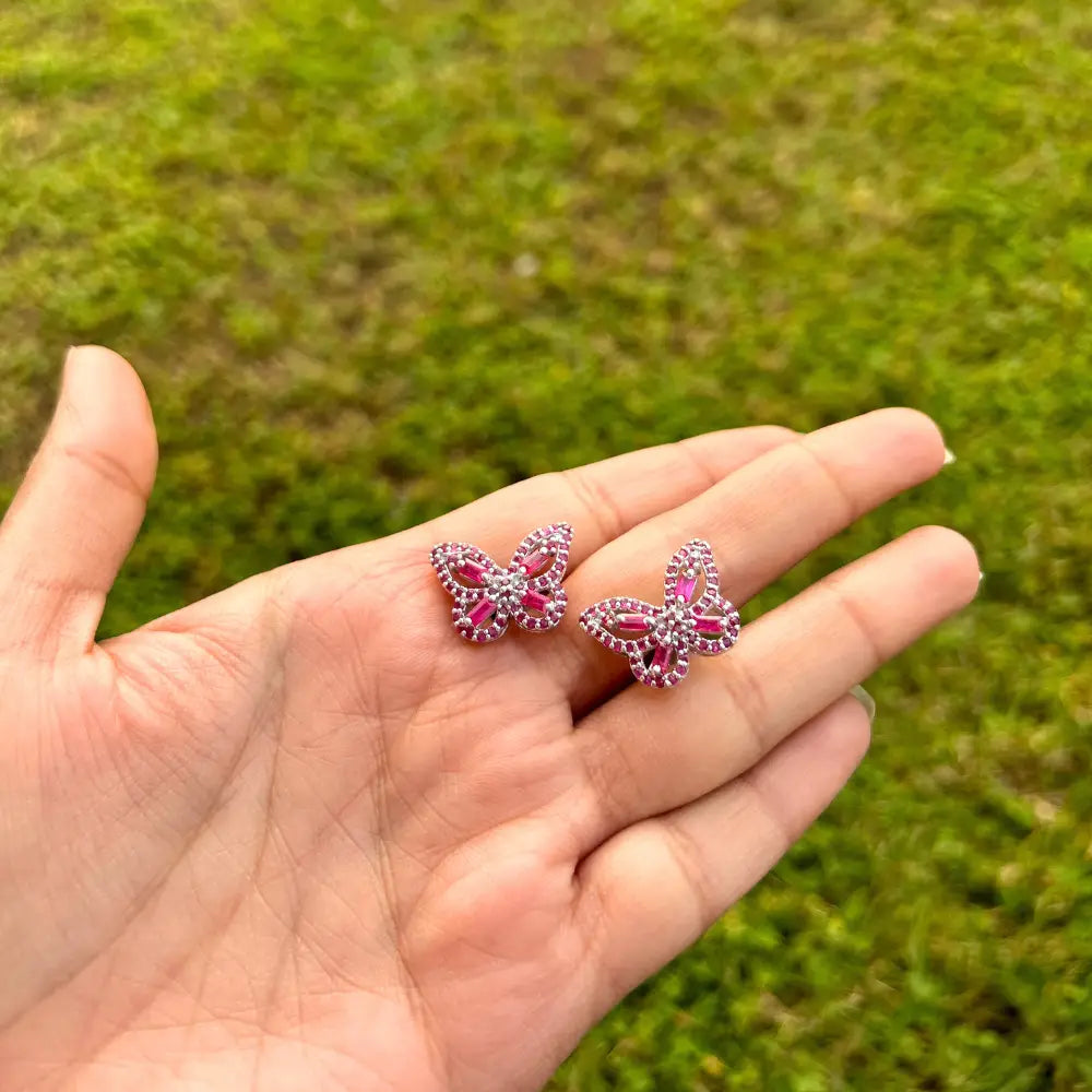 Precious Gemstone Jewelry Baguette & Round Shape Ruby Butterfly Shape Stud Earrings Set In 925 Solid Silver