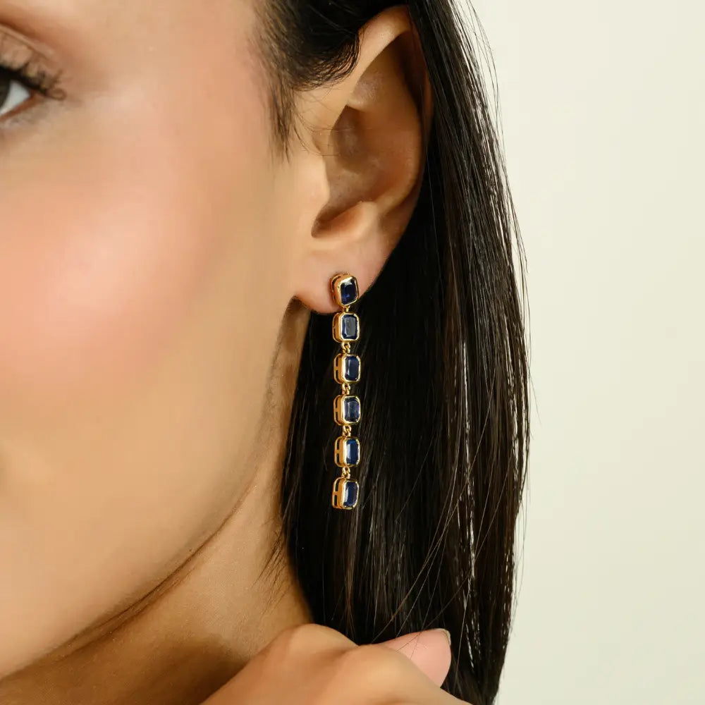 Blue Sapphire Bezel Setting Long Dangle Earrings 14K Solid Yellow Gold Women Gemstone Jewelry