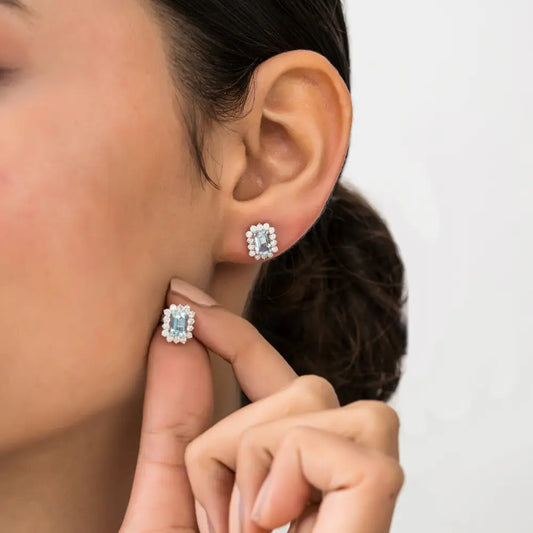 14K Real White Gold Aquamarine & Diamond Cluster Stud Earrings Bulk Handmade Jewelry