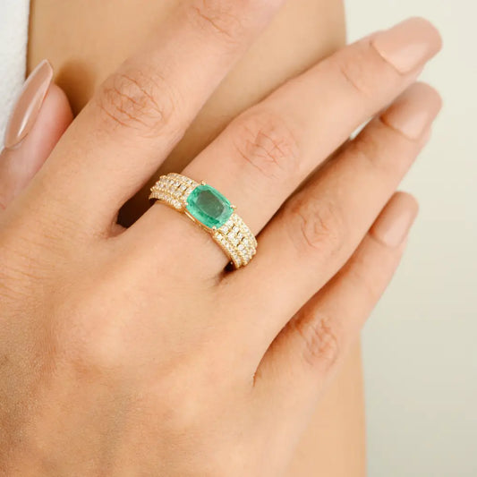 Exclusive Handmade Genuine Emerald & Diamond Engagement Ring For Women Fine Jewelry