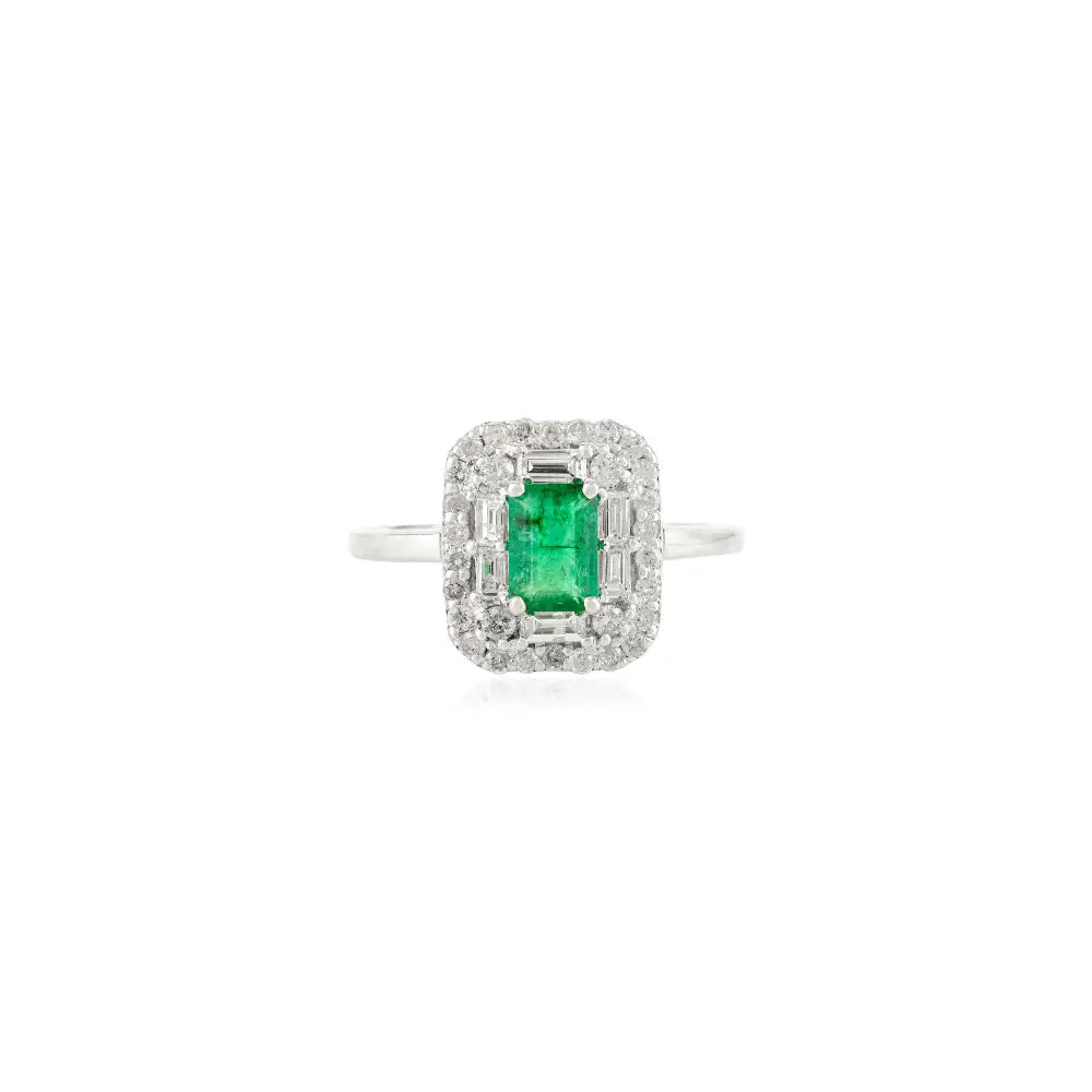Trending Design Emerald & Diamond Real K14 White Gold Double Cluster Ring Elegant Jewelry