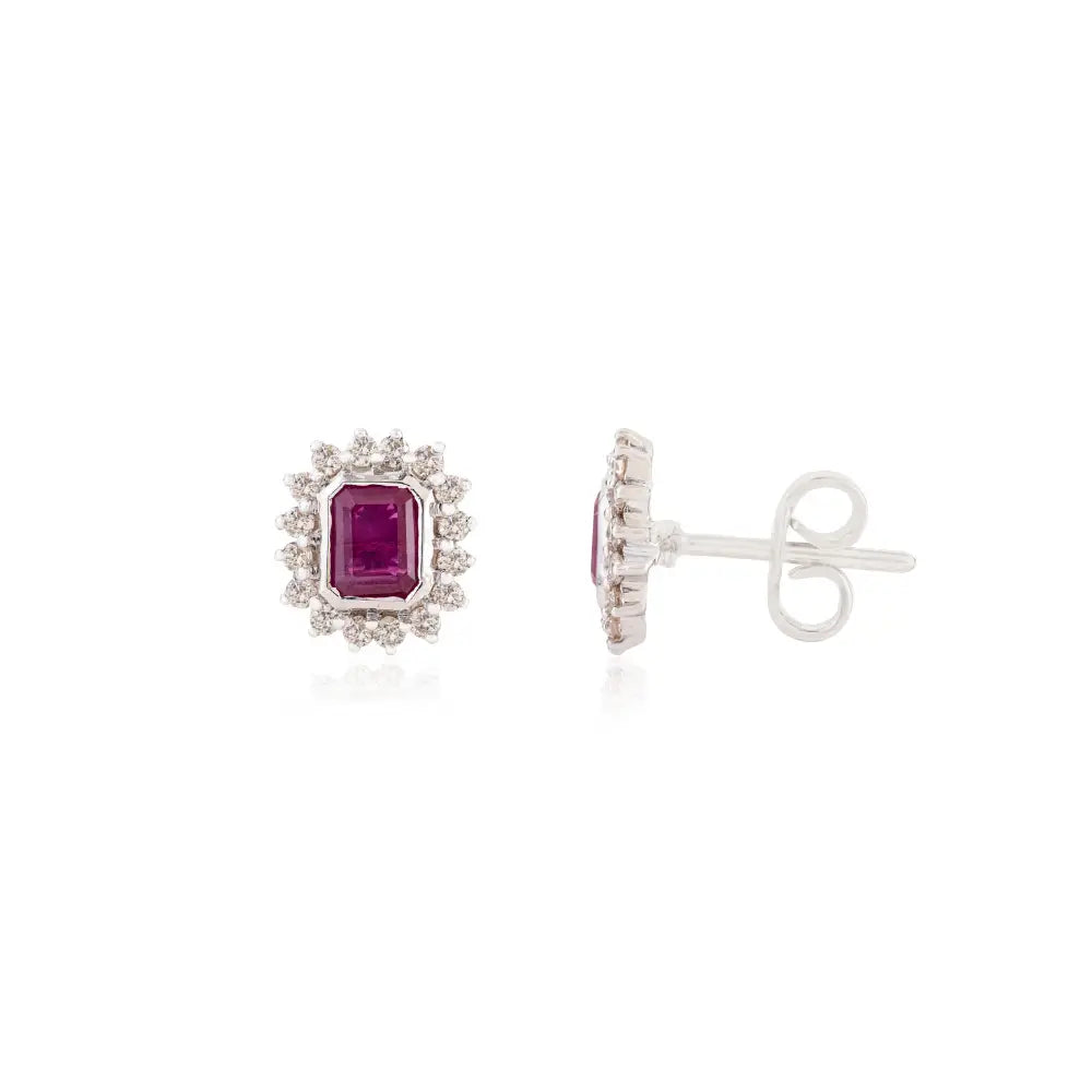 Octagon Shape Ruby & Round Cut Diamond Cluster Halo Stud Earrings 14K Gold Women Jewelry