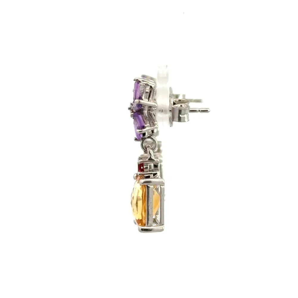 Genuine Multi Gemstone Flower Dangle Drop Earrings In 925 Sterling Silver Rhodium Plated Jewelry