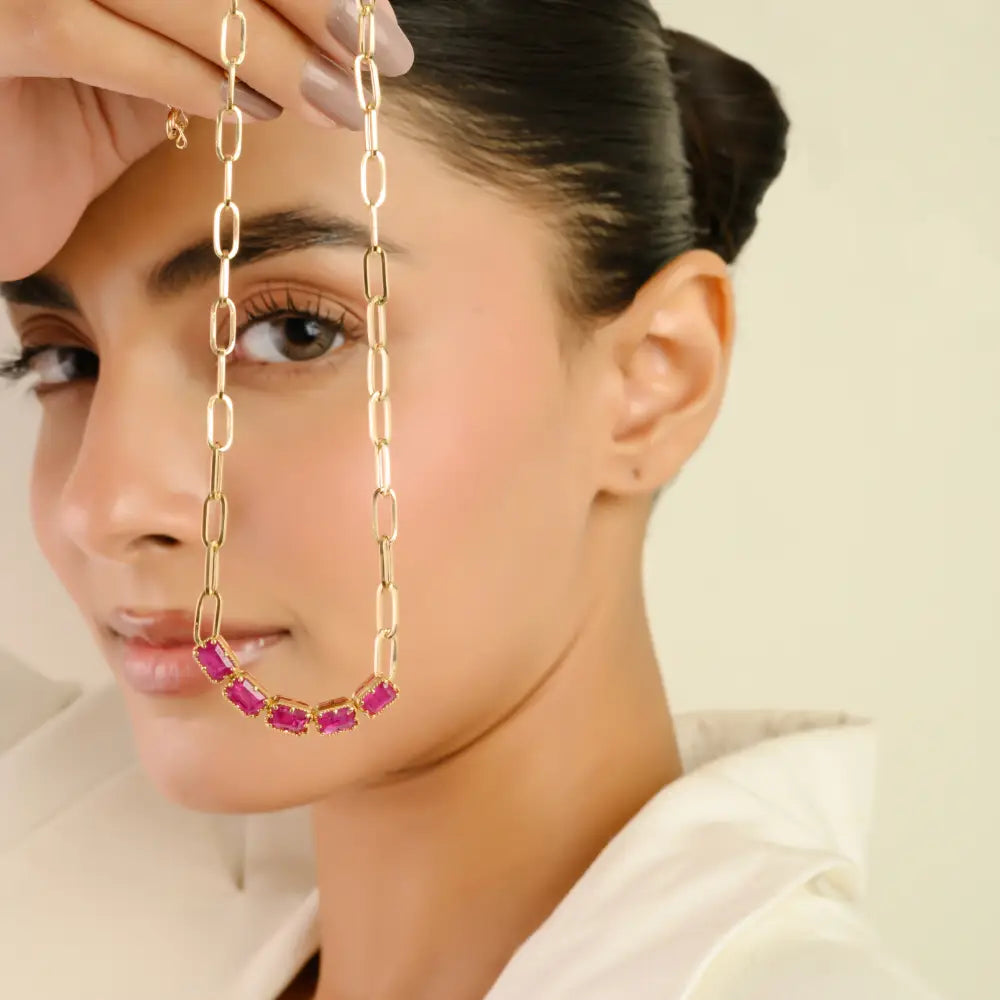 Hot Sale Pinion Bezel Set Ruby Paperclip Chain Five Stone Necklace Women Solid 18K Yellow Gold