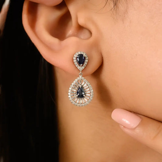 Stunning Blue Sapphire & Diamond Women's Drop Earrings 14K Solid White Gold Fine Jewelry