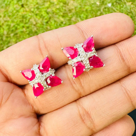 Pear Cut Ruby & Round Cut American Diamond Statement Stud Earrings Set In 925 Sterling Silver Fine Jewelry