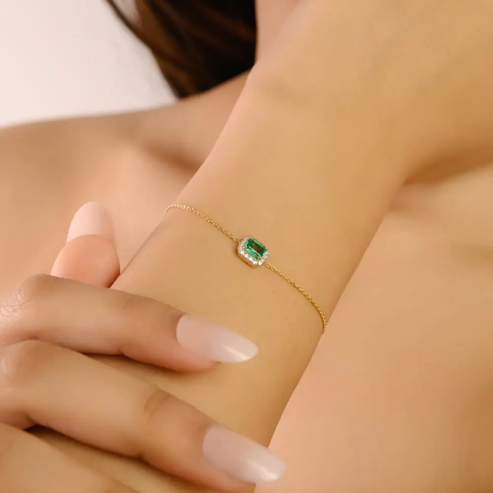 Octagon Emerald & Round Solitaire Halo Bracelet Everyday Stacking Jewelry 14K Gold Jewelry