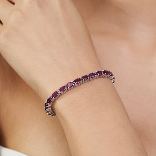 Simple Design Oval Cut Natural Rhodolite Gemstone 925 Silver Tennis Bracelet For Women
