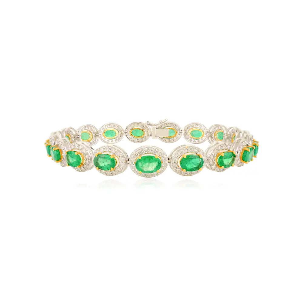 Luxurious High Quality Emerald & Diamond 18K Solid Two Tone Gold Halo Tennis Bracelet