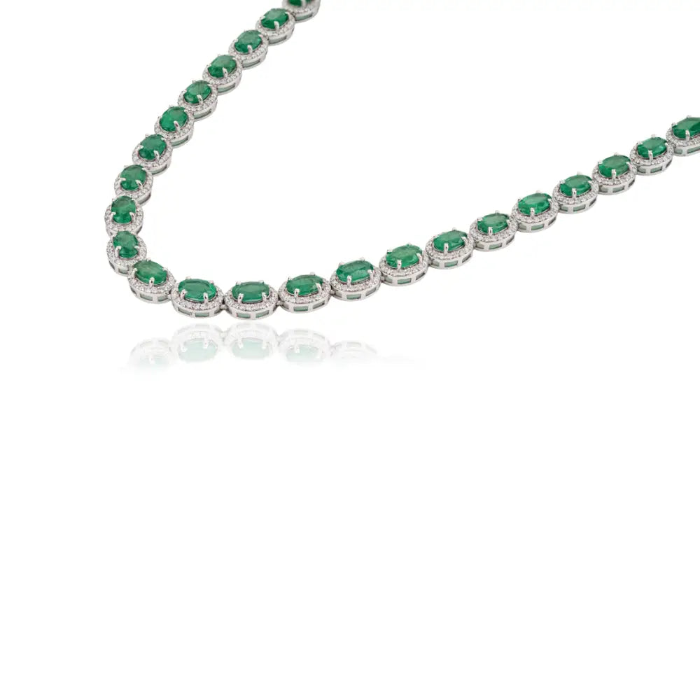 22.11 Ct. Emerald & Diamond K14 Real White Gold Fine Halo Tennis Necklace Wedding Jewelry