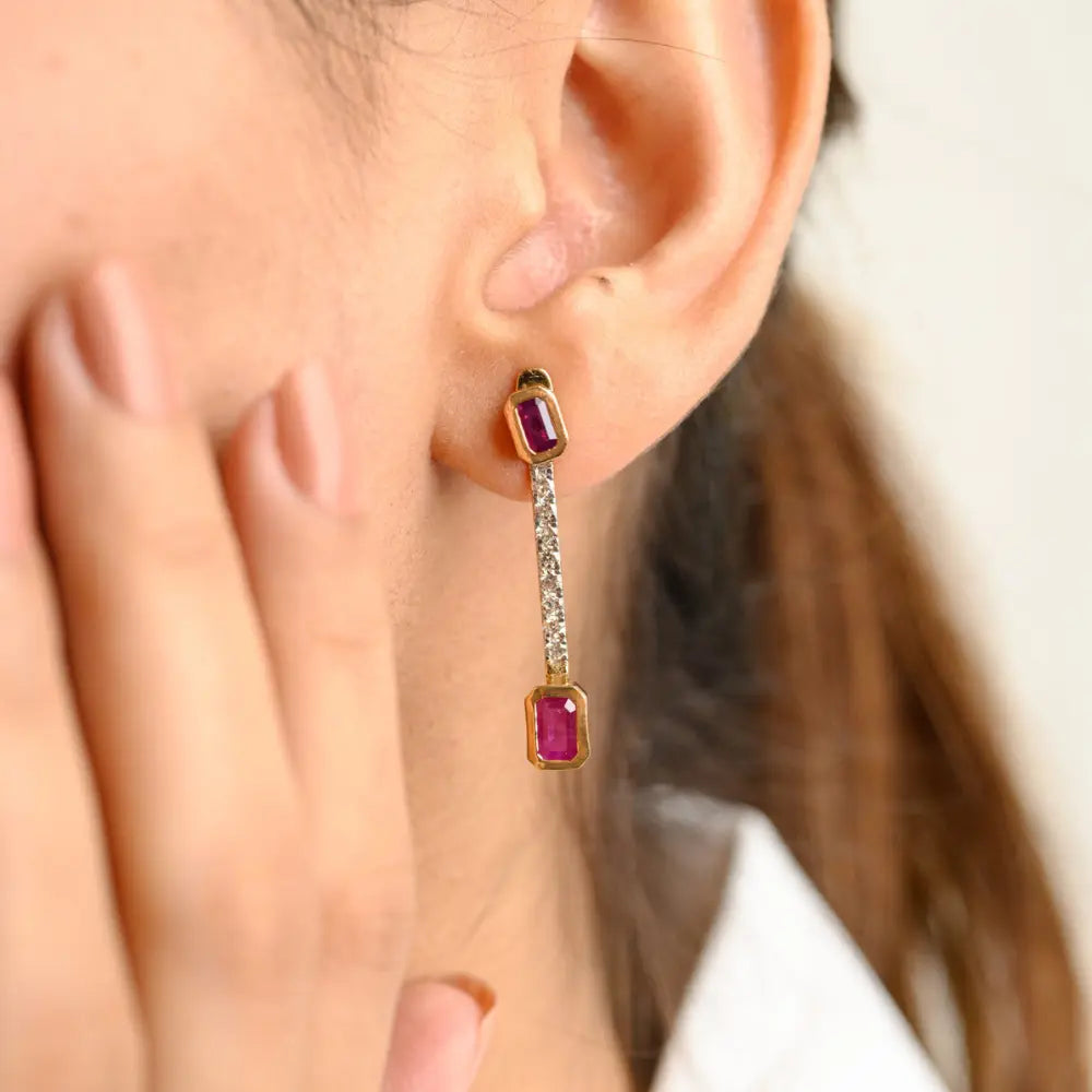 Wholesale Jewelry Genuine Natural Ruby & Diamond 18K Fine Yellow Gold Dangle Drop Earring