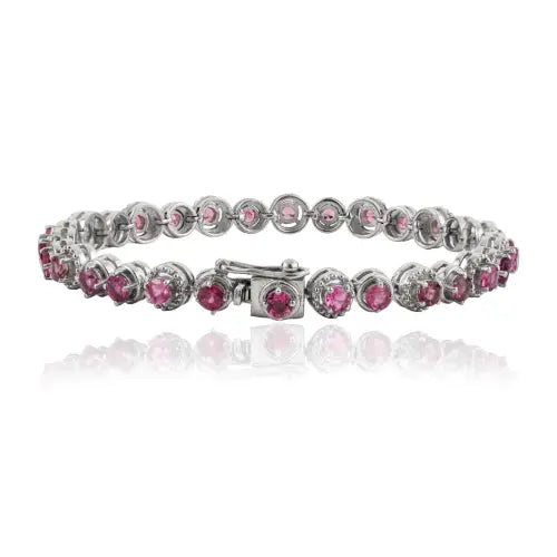 Natural Pink Tourmaline & Diamond 925 Sterling Silver Tennis Bracelet Fine Jewelry For Her