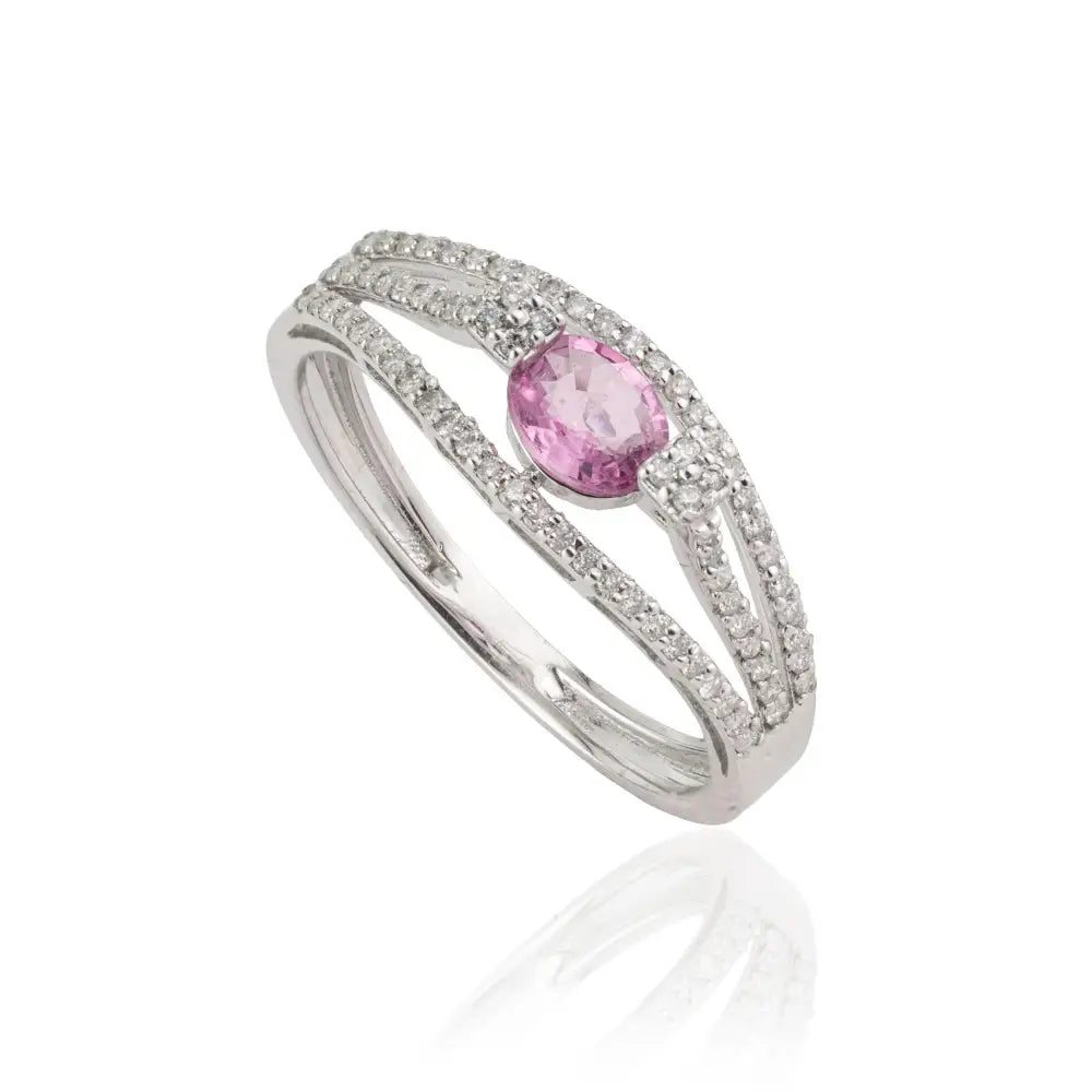 14K Real White Gold Pink Sapphire & Diamond Triple Layer Engagement Ring Custom Jewelry