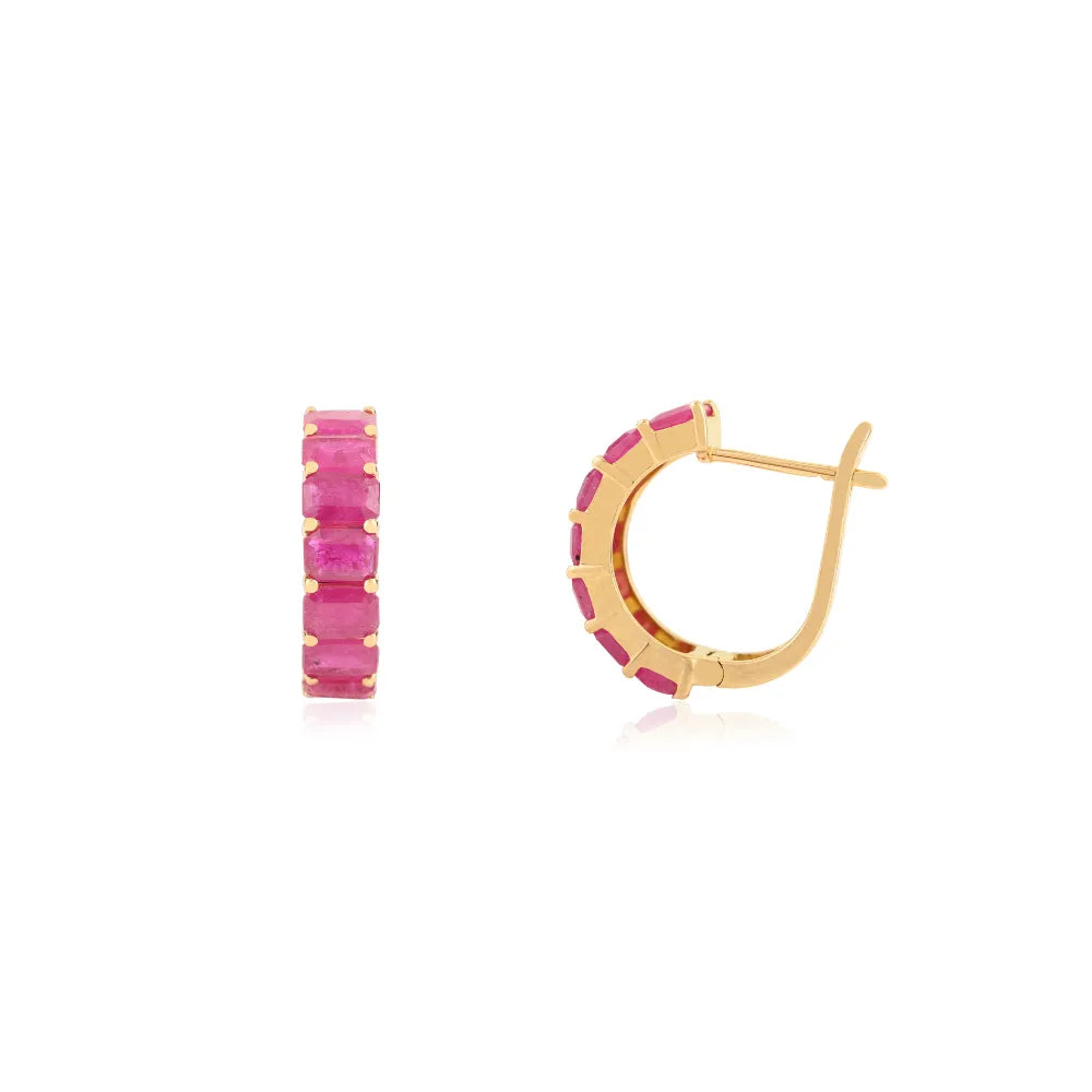 Octagon Cut Genuine Ruby Handmade Small Hoop Earrings Solid K14 Yellow Gold Jewelry